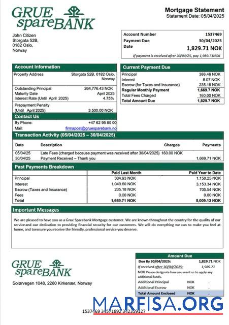 Downloadable Norway Grue Sparebank mortgage statement Word and PDF template